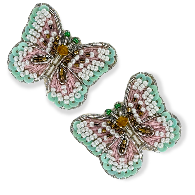Butterfly Charm Earrings Handmade Beaded Jewelry Pink Green