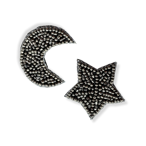 Moon Star Earrings Handmade Beaded Charm Jewelry in Black Silver