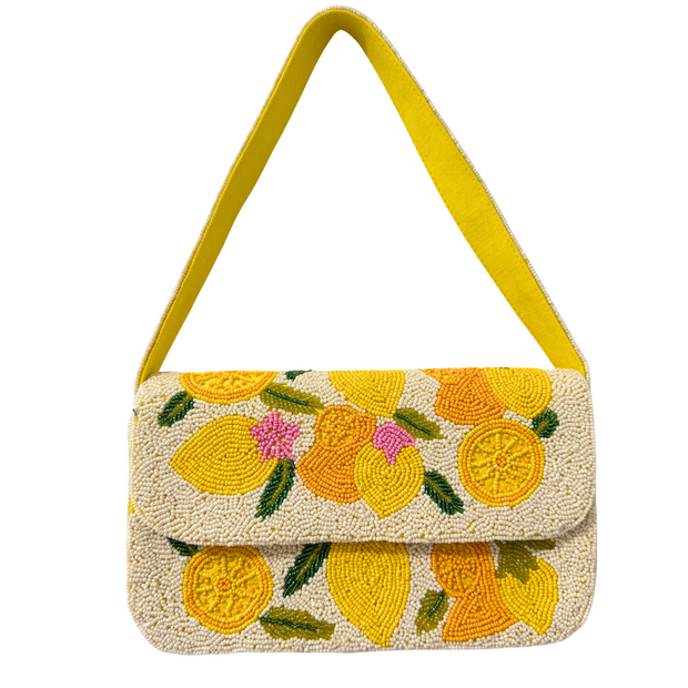 Lemon Beaded Shoulder Bag-Handmade Summer Cocktail Party Purse