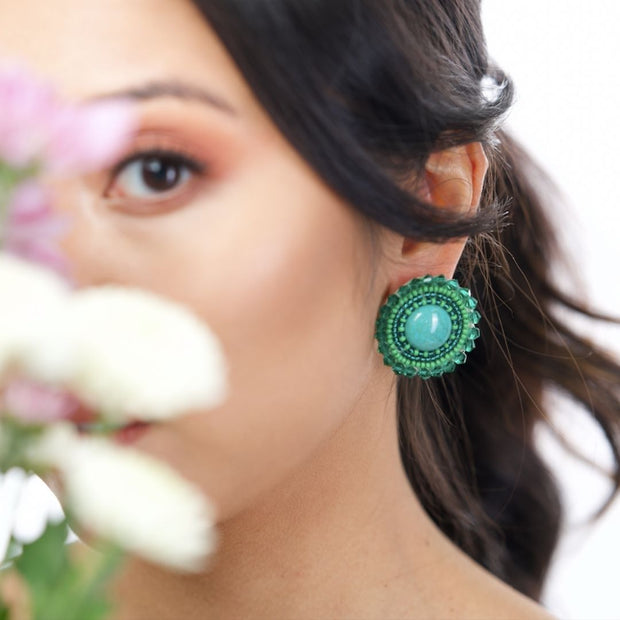 Green Beaded Earrings - Stud Earrings