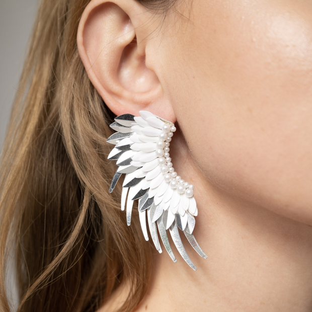 White Silver Angel Wing Earrings