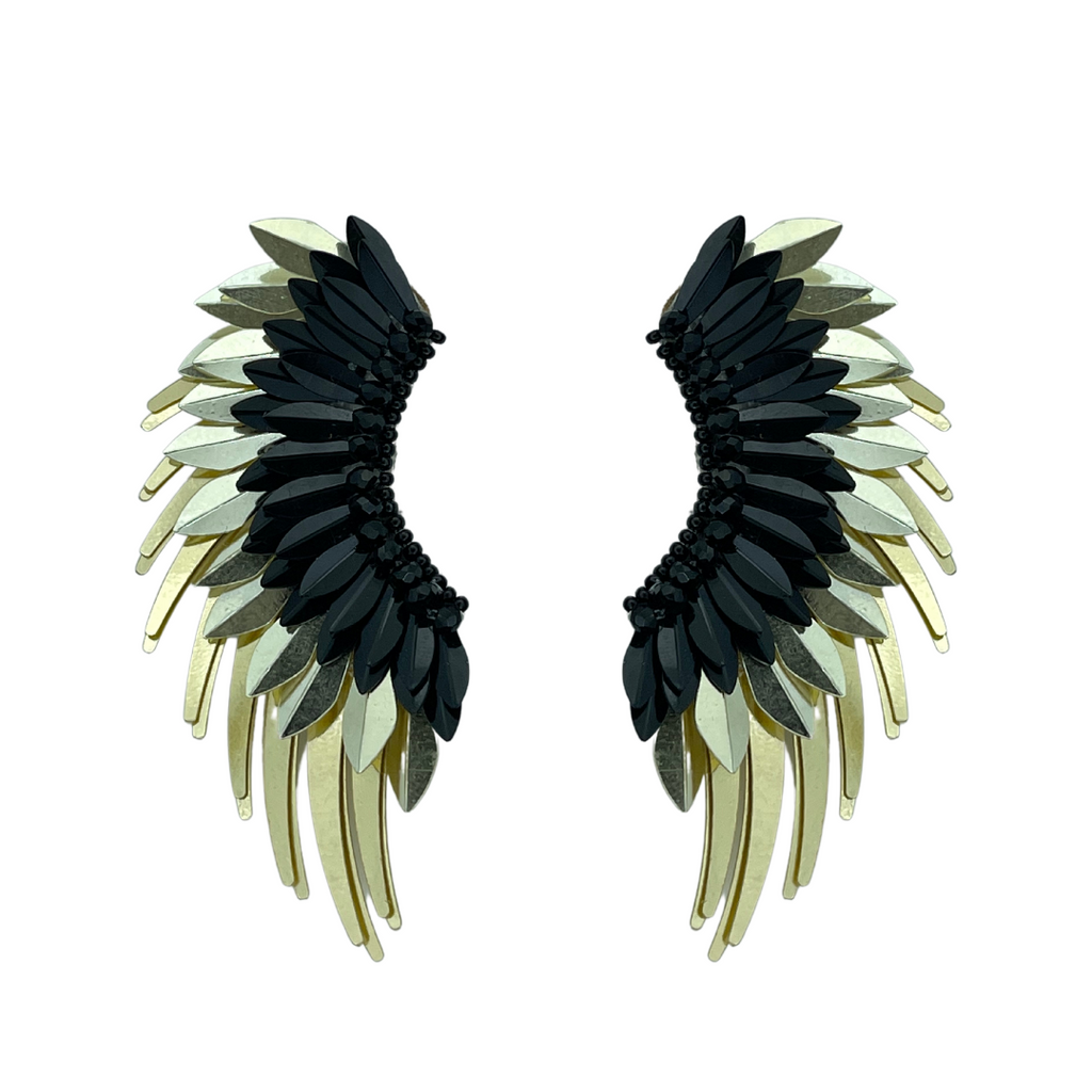Large Black Gold Angel Wing Earrings