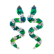 Green Silver Snake Earrings
